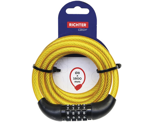 Žlutý lanový zámek Richter s číselným kódem, průměr 8 mm, délka 1800 mm.