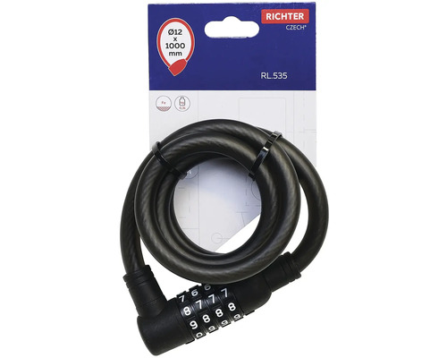 Kabelový zámek Richter s číselným kódem, průměr 12 milimetrů, délka 1000 milimetrů