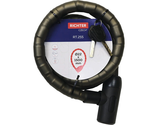 Kabelový zámek Richter se dvěma klíči, průměr 22 milimetrů, délka 1500 milimetrů