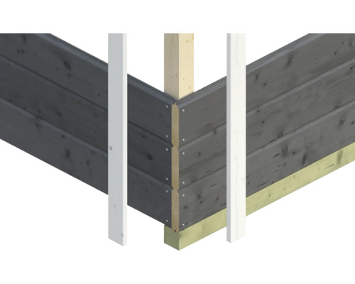 Detail rohu zahradního domku s dřevěným obkladem a rámem