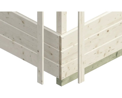 Detailní pohled na dřevěný zahradní domek s perodrážkou.