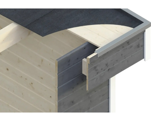 Detail zahradního domku s dřevěnou konstrukcí a střešní lepenkou