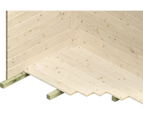 Rohová dřevěná stěna s perodrážkou a dřevěná podlaha na trámech