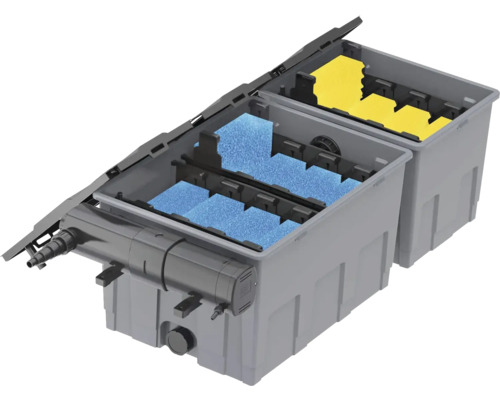 Jezírkový filtrační systém s modrými a žlutými filtračními houbami