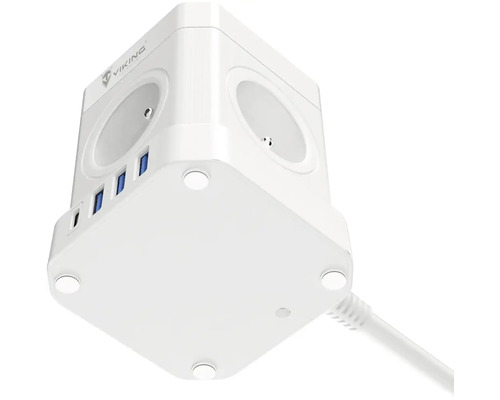 Bílá zásuvková lišta ve tvaru kostky s USB porty