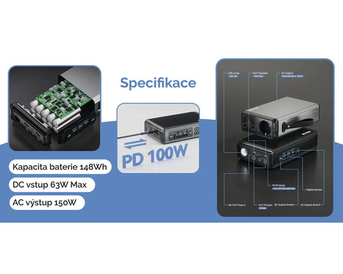 Přenosná elektrárna s LED lampou a různými přípojkami