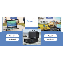 Příklady použití napájecí stanice: notebook, dron, telefon, osvětlení, tablet a ventilátor