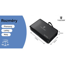 Logo Viking Technology. Rozměry přenosného, lehkého a malého 150wattového zařízení: 210 mm x 120 mm x 53 mm, hmotnost 1,55 kg.