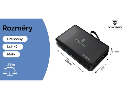 Logo Viking Technology. Rozměry přenosného, lehkého a malého 150wattového zařízení: 210 mm x 120 mm x 53 mm, hmotnost 1,55 kg.
