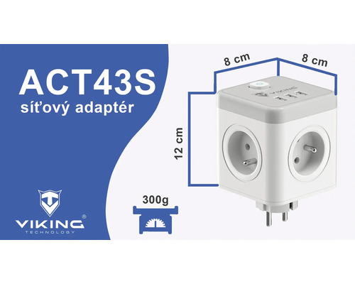 Krychlový síťový adaptér s několika zásuvkami a porty USB