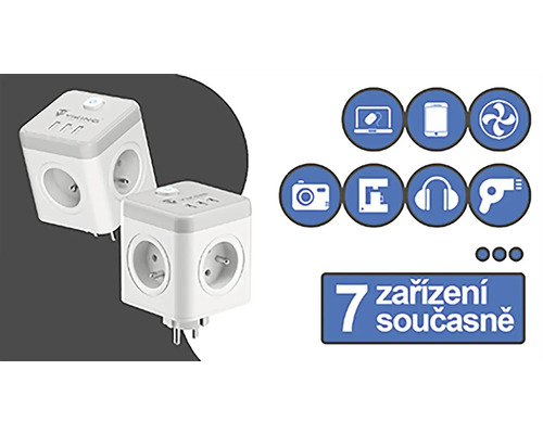 Kostka s několika zásuvkami pro současné používání sedmi zařízení
