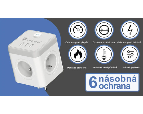 Krychlová zásuvková lišta s ochranou proti přepětí, ochranou proti zkratu, ochranou proti přehřátí, protipožární ochranou a dětskou pojistkou