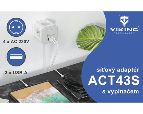 Síťový adaptér se čtyřmi zásuvkami 230 V a třemi USB-A porty.
