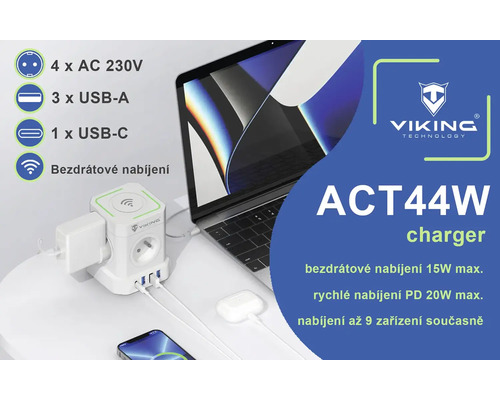 Nabíječka ACT44W od společnosti Viking Technology se čtyřmi zásuvkami AC 230V, třemi porty USB-A, jedním portem USB-C a bezdrátovým nabíjením