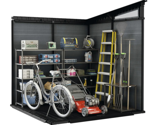 Zahradní kůlna s kolem, sekačkou na trávu, žebříkem a zahradním nářadím