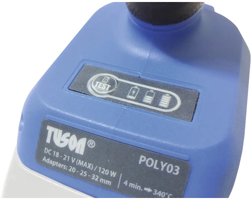 Detailní pohled na plastovou svářečku Tuson Poly03 se zobrazením stavu testu a baterie