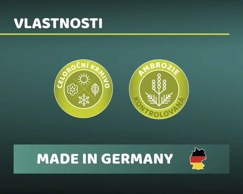 Vlastnosti: Symbol celoročního krmiva a symbol kontrolované ambrozie a označení Vyrobeno v Německu