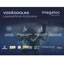 Voděodolná laminátová podlaha s vlastnostmi produktu a pečetěmi.