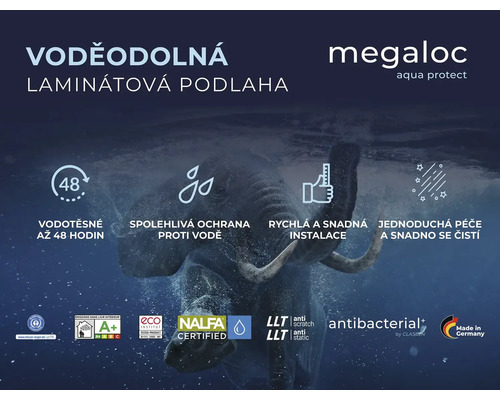 Voděodolná laminátová podlaha s vlastnostmi produktu a pečetěmi.