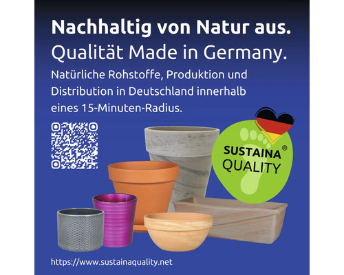 Různé květináče s nápisem Udržitelné od přírody Kvalita Made in Germany a pečetí Sustaina Quality