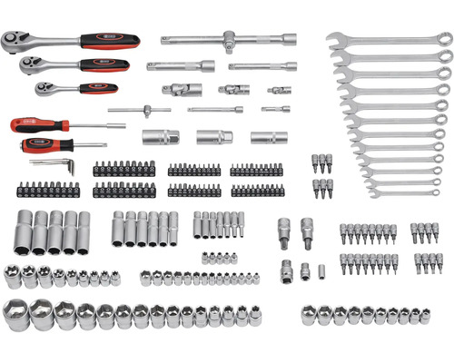 Komplexní sada nástrčných klíčů s ráčnami, klíči, bity a nástrčnými hlavicemi pro různé aplikace