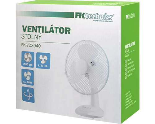 Balení bílého stolního ventilátoru
