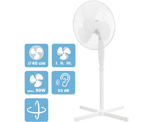 Bílý stojanový ventilátor s technickými údaji