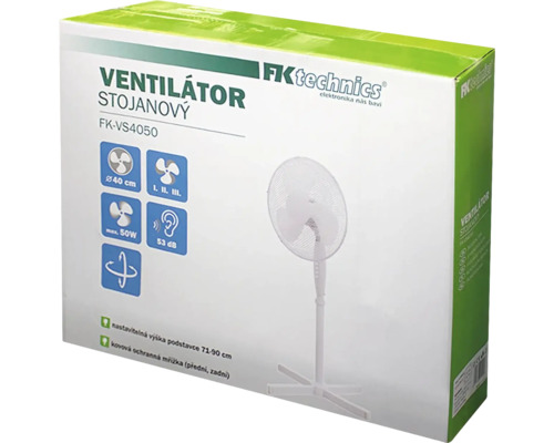 Balení stojanového ventilátoru FK Technics s vlastnostmi produktu