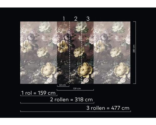 Foto tapeta s květinovým vzorem a údaji o velikosti.