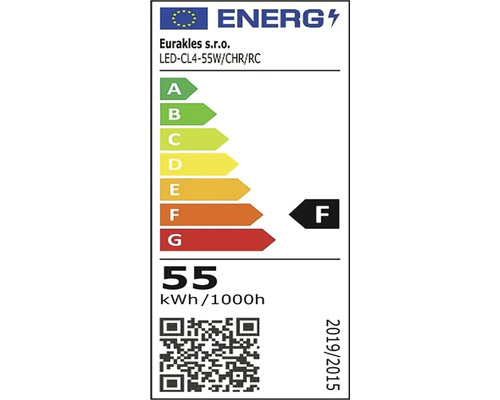 Energetický štítek pro LED lampu Eurakles se spotřebou 55 kWh na 1000 hodin, třída energetické účinnosti F