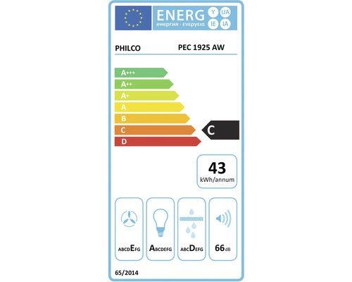 Energetický štítek pro PHILCO PEC 1925 AW s třídou energetické účinnosti C, roční spotřebou energie 43 kilowatthodin a emisí hluku 66 decibelů