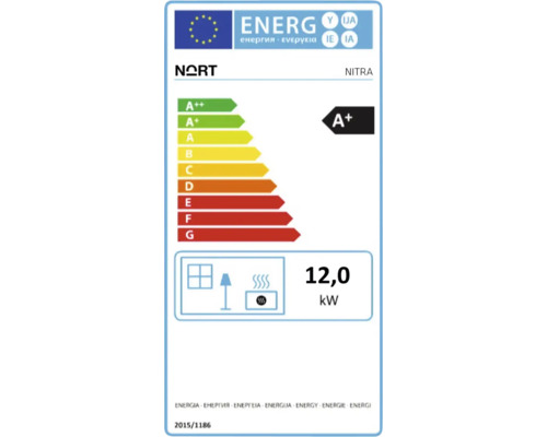 Energetický štítek pro Nort Nitra s třídou energetické účinnosti A+ a spotřebou 12,0 kilowatt.