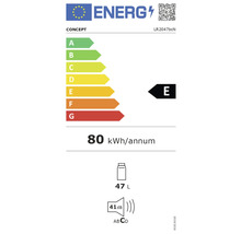 Energetický štítek s třídou energetické účinnosti E, 80 kilowatthodin ročně, objem 47 litrů a hluk 41 decibelů