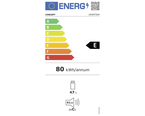 Energetický štítek s třídou energetické účinnosti E, 80 kilowatthodin ročně, objem 47 litrů a hluk 41 decibelů