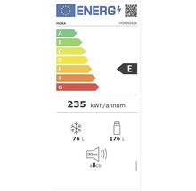 Energetický štítek Mora s třídou energetické účinnosti E, roční spotřebou energie 235 kWh, objemem mrazicího prostoru 76 litrů, objemem chladicího prostoru 176 litrů a úrovní hluku 35 decibelů