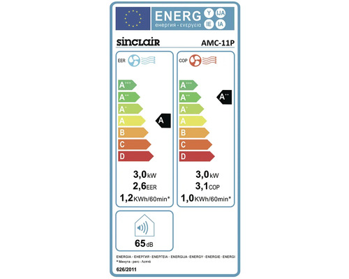Energetický štítek Sinclair AMC-11P s informacemi o energetické účinnosti, spotřebě energie a hlučnosti
