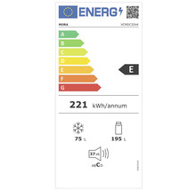 Energetický štítek MORA s třídou energetické účinnosti E, spotřeba energie 221 kilowatthodin za rok, mrazicí prostor 75 litrů, chladicí prostor 195 litrů a hlučnost 37 decibelů