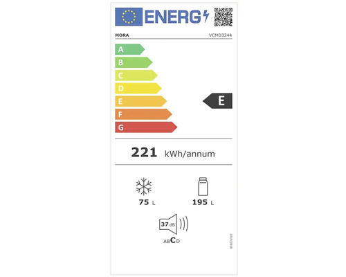 Energetický štítek Mora s třídou energetické účinnosti E, roční spotřebou energie 221 kilowatthodin, objemem mrazicího prostoru 75 litrů a objemem chladicího prostoru 195 litrů