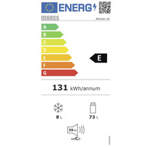 Energetický štítek s třídou energetické účinnosti E, roční spotřebou energie 131 kWh, objemem mrazicího prostoru 8 litrů, objemem chladicího prostoru 73 litrů a hlučností 39 decibelů