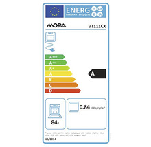 Energetický štítek Mora VT111CX s třídou energetické účinnosti A, objemem 84 litrů a spotřebou 0,84 kilowatthodin na cyklus.