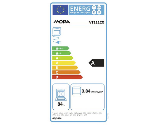 Energetický štítek Mora VT111CX s třídou energetické účinnosti A, objemem 84 litrů a spotřebou 0,84 kilowatthodin na cyklus.