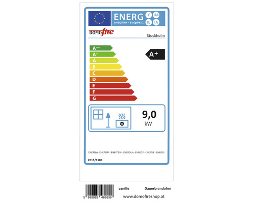 Energetický štítek trvale hořících kamen Domofire Stockholm s třídou energetické účinnosti A+ a výkonem 9,0 kilowatt