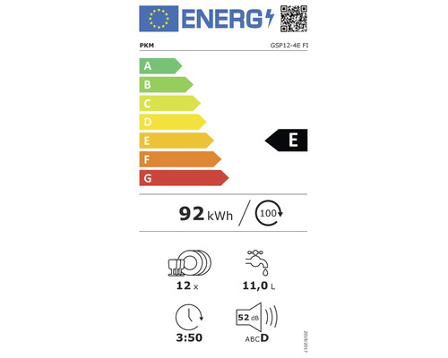 Energetický štítek PKM GSP12-4E FI s třídou energetické účinnosti E, spotřeba energie 92 kWh, 12 sad nádobí, spotřeba vody 11,0 litrů a hlučnost 52 decibelů