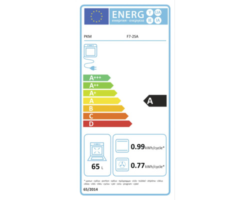Štítek energetické účinnosti PKM F7-2SA s třídou energetické účinnosti A, objemem 65 litrů a spotřebou energie na cyklus