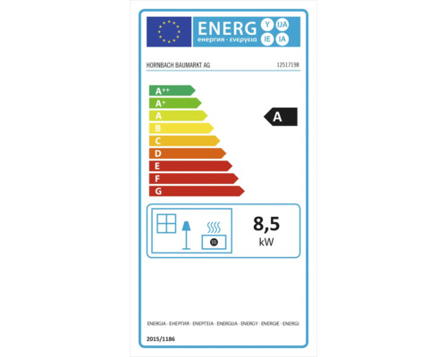 Energetický štítek s třídou energetické účinnosti A a spotřebou 8,5 kilowatt. Logo Hornbach Baumarkt AG.