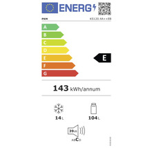 Energetický štítek PKM s třídou energetické účinnosti E, roční spotřebou energie 143 kWh, objemem mrazicího prostoru 14 litrů a objemem chladicího prostoru 104 litrů a hlukem 39 decibelů.