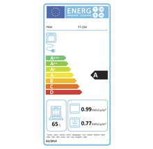 Energetický štítek pro troubu PKM F7-2SA s třídou energetické účinnosti A, objemem 65 litrů a spotřebou energie 0,99 kWh na cyklus ve standardním režimu a 0,77 kWh na cyklus v režimu horkovzduchu