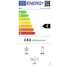 Energetický štítek PKM s třídou energetické účinnosti E, roční spotřebou energie 143 kWh, objem mrazicího prostoru 14 litrů, objem chladicího prostoru 104 litrů a hlučností 39 decibelů