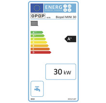 Energetický štítek pro kotel Biopel MINI 30 s třídou energetické účinnosti A+ a výkonem 30 kilowatt
