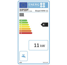 Energetický štítek pro kotel Biopel MINI 11 s třídou energetické účinnosti A+ a výkonem 11 kilowattů